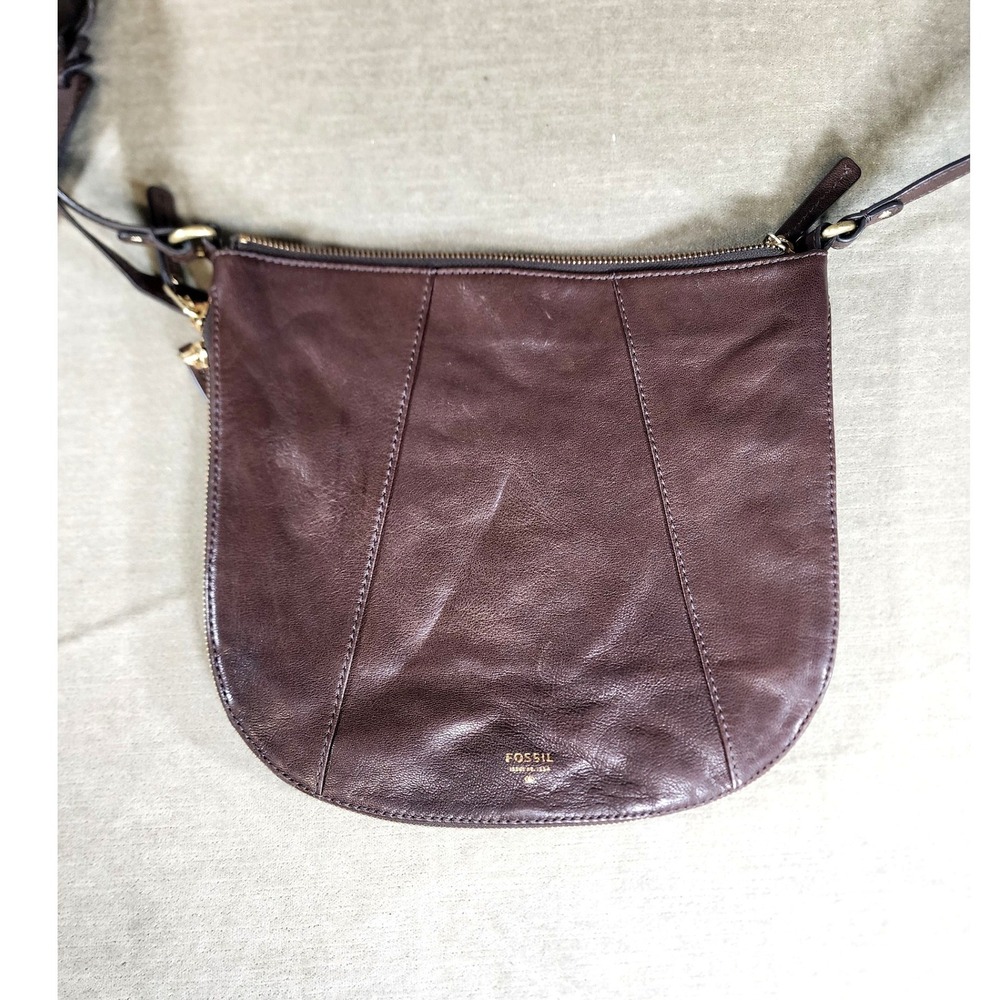 Fossil Brown Leather Crossbody Bag Goat Cow Hide Zip Small Messenger Purse
